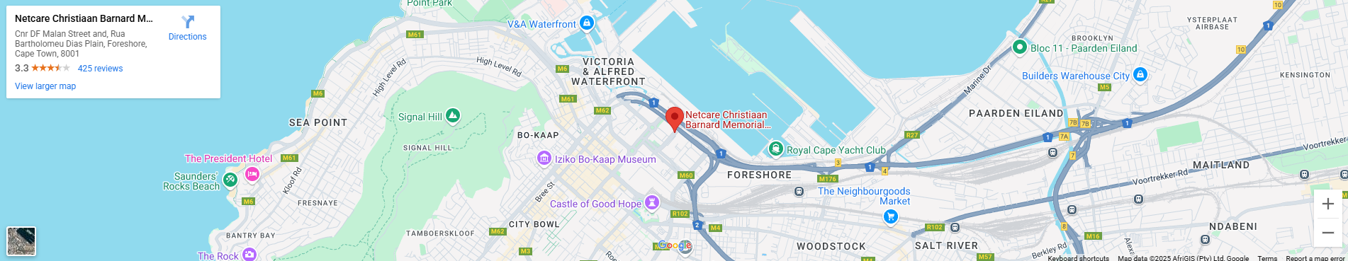 Map of Netcare Christiaan Barnard Memorial Hospital location in Cape Town - Dr. Gideon Maresky's practice