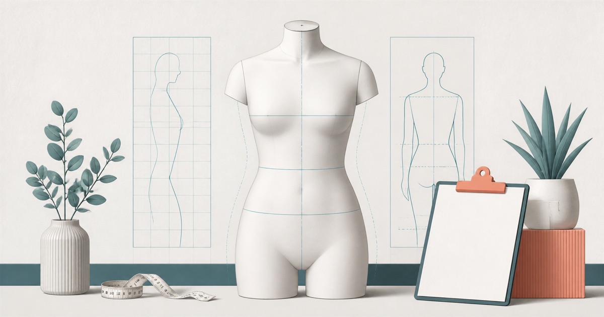 Editorial illustration of a neutral dress form, measuring tape and consultation notes