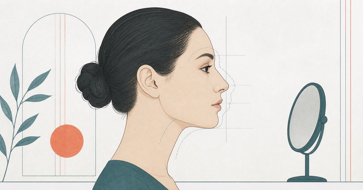 Editorial illustration of facial proportions and a consultation mirror