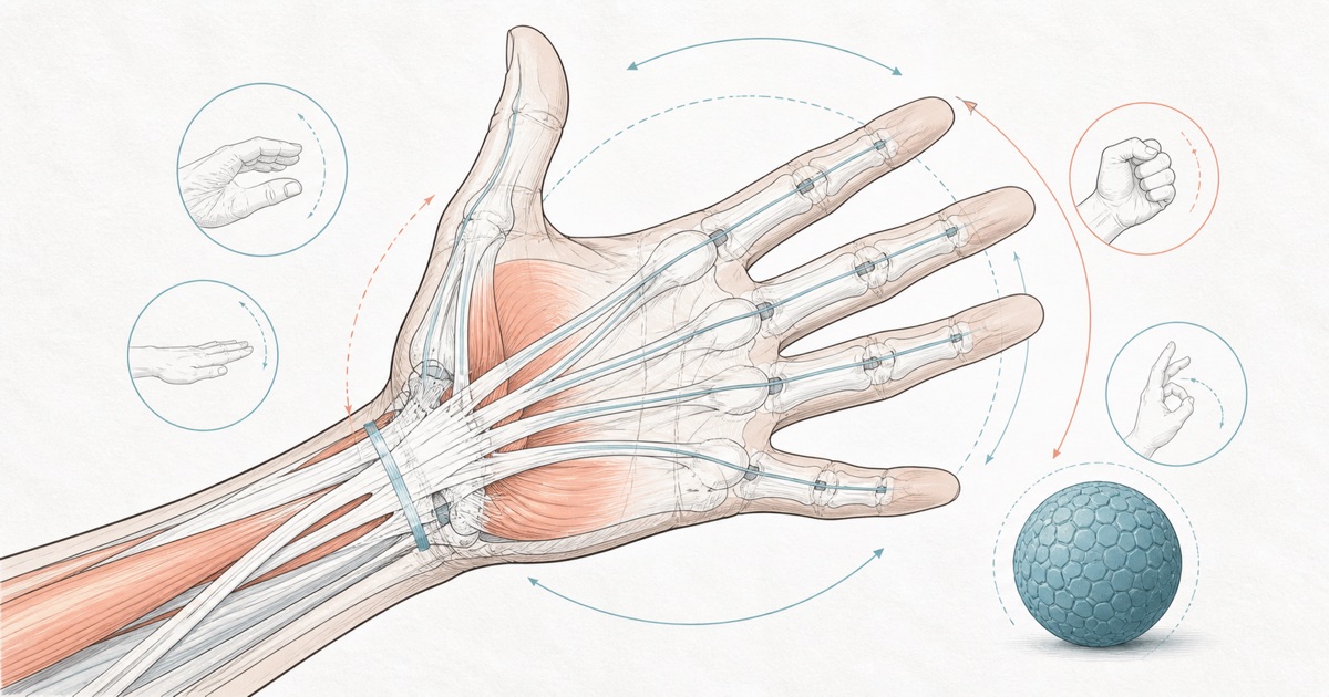 Educational illustration of hand movement, joints and tendon pathways