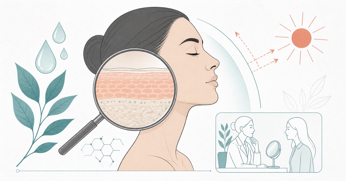 Educational illustration of skin structure, hydration and sun protection