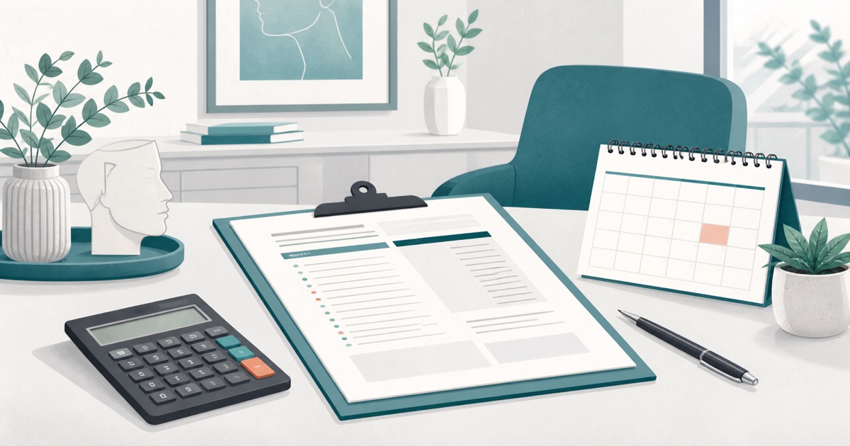 Illustration of a written treatment quote, calculator and consultation calendar