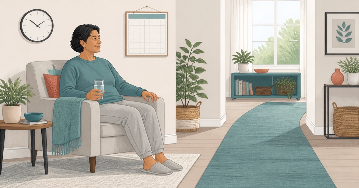 Person resting at home with water and a clear walking path