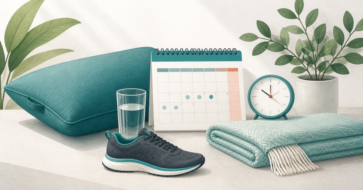 Illustration of pillows, water, a calendar and walking shoe for recovery planning