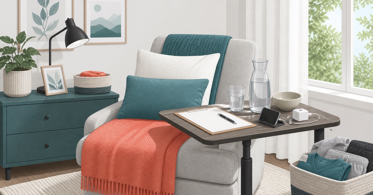 Organised home recovery space with pillows, water, phone charger and loose clothing