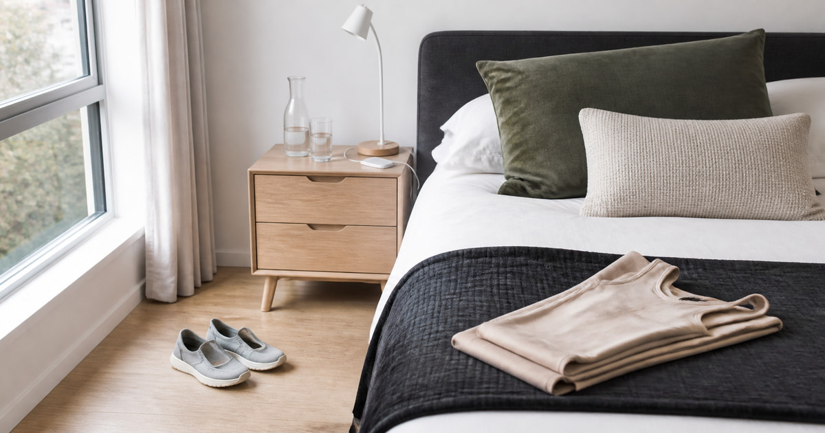 Prepared bedroom with a folded compression garment, supportive pillows, water and walking shoes for liposuction recovery planning
