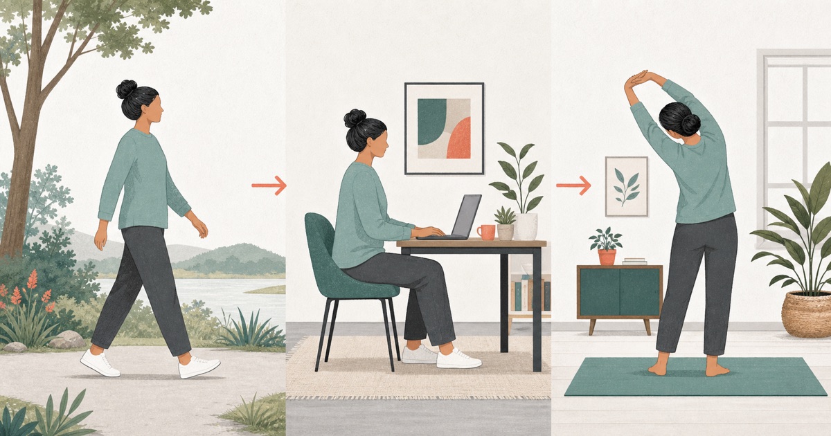 Three illustrations showing walking, desk work and gentle stretching